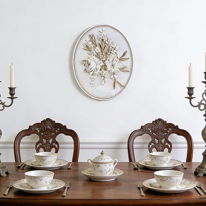 SIKOO Vintage Wall Sculptures White Flower Wall Art Hand Painted Ornate Wall Hanging Decoration Antique Pediment Wall Statue Ornament Decor Gallery for Kitchen Bedroom Living Room