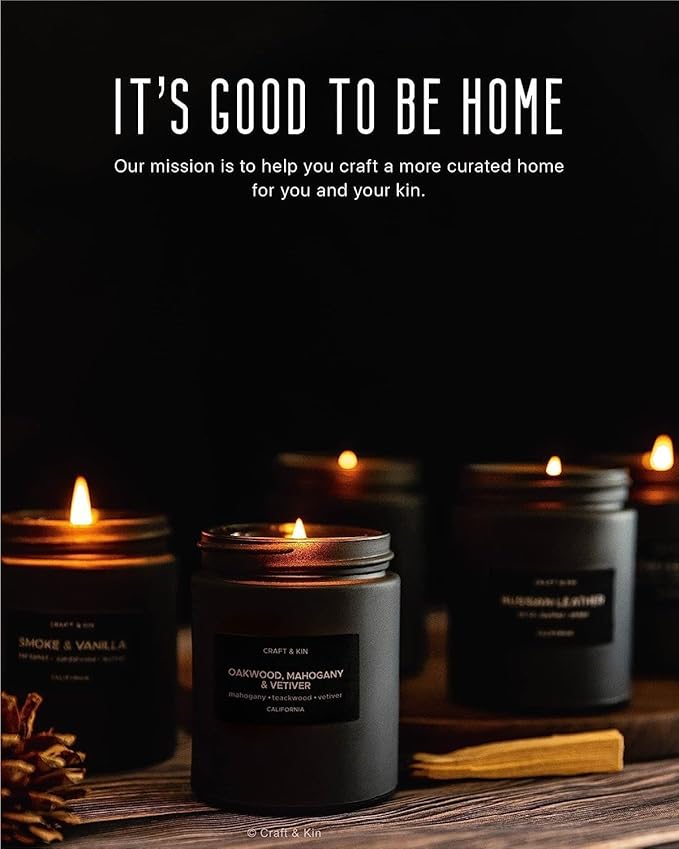 Craft & Kin Premium Oakwood, Mahogany & Vetiver Candle | Black Scented Candles for Men | Long Lasting with 45 Hour Burn Time, 7.6oz | Soy Candles | Aromatherapy at Home