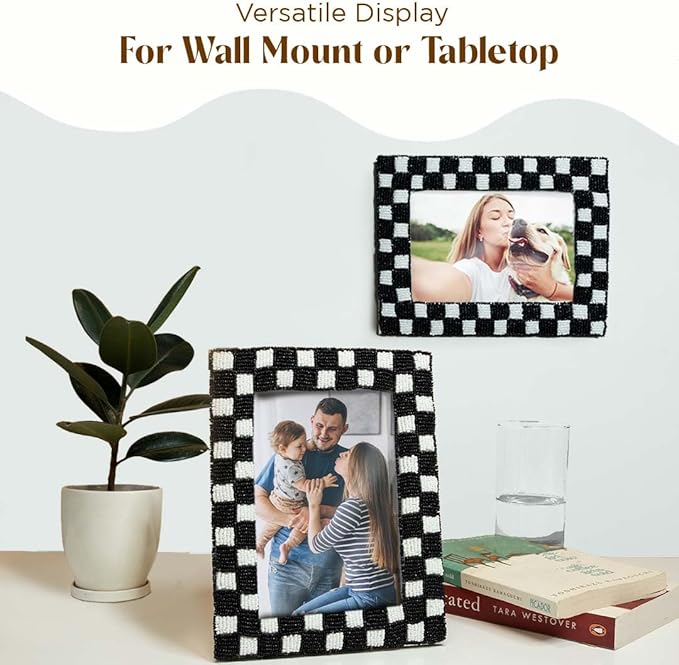 Folkulture Beaded Picture Frame for Wall or Tabletop | 5x7 B&W Checkered Modern Black & White Photo Frame with Plexiglass | Vertical & Horizontal Display | Handmade Home Décor, Housewarming