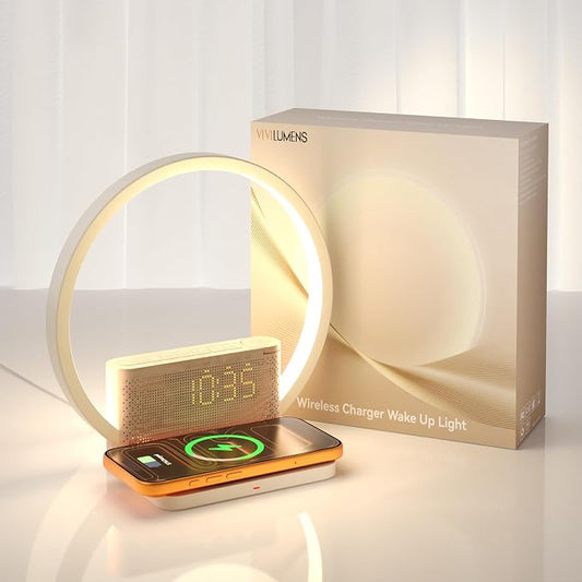 Vivilumens Sunrise Alarm Clock Wireless Charger, 10 White Noise Sound Machine Alarm Clock with 30/60/90 Mins Timer, 3 Levels Touch Night Light Dual Clocks for Heavy Sleeper Bedroom Decor Gift for Her by LightUpExquisiteLife