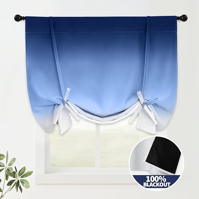 COSVIYA 100% Blackout Thermal Insulated Curtains 42x63 Inch - Spring/Summer Ready Ombre Blue Tie-Up Balloon Roman Shade, Adjustable Room Darkening Valance with Rod Pocket for Small Windows (1 Panel)