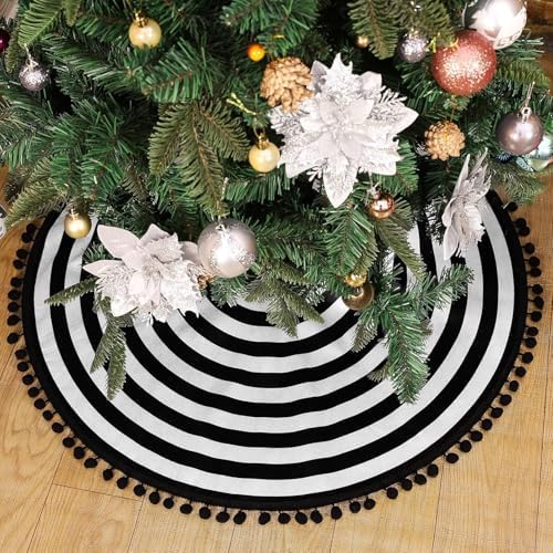 48 Inch Black and White Christmas Tree Skirt with Pom Poms - Image 5