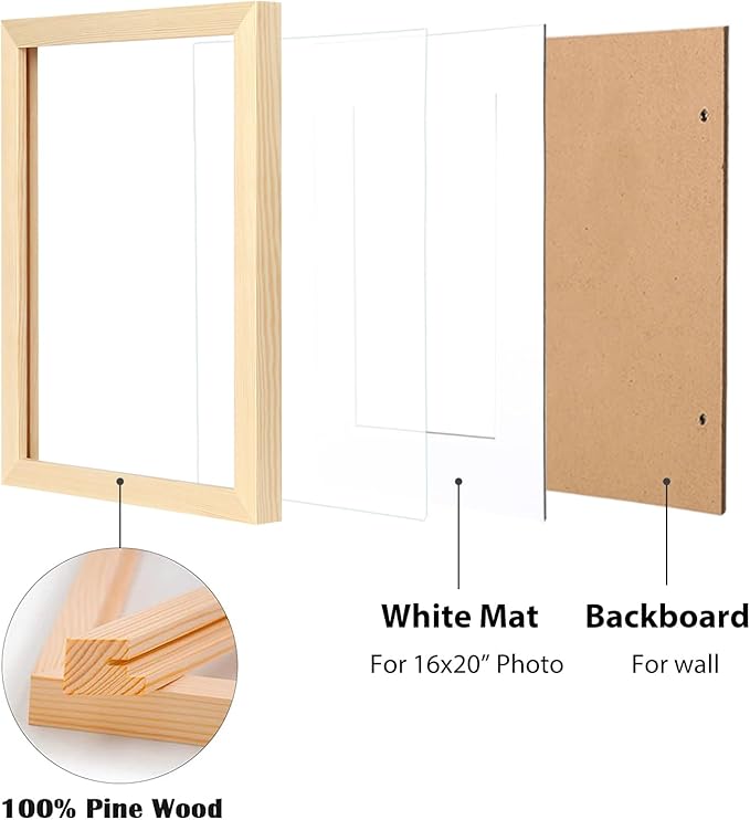 Egofine 18x24 Poster Frame Set of 2 Solid Wood Frame with Plexiglass Matted for 16x20 for Wall Mounting Hanging Picture Frame Vertically or Horizontally, Natural Wood