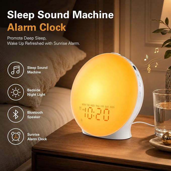 JALL Sunrise Alarm Clock White Noise Machine with 25 Nature Sleep Sounds, Fully Dimmable Clock for Bedrooms, Heavy Sleepers, 17 Light Modes, Bluetooth Speaker - Image 8