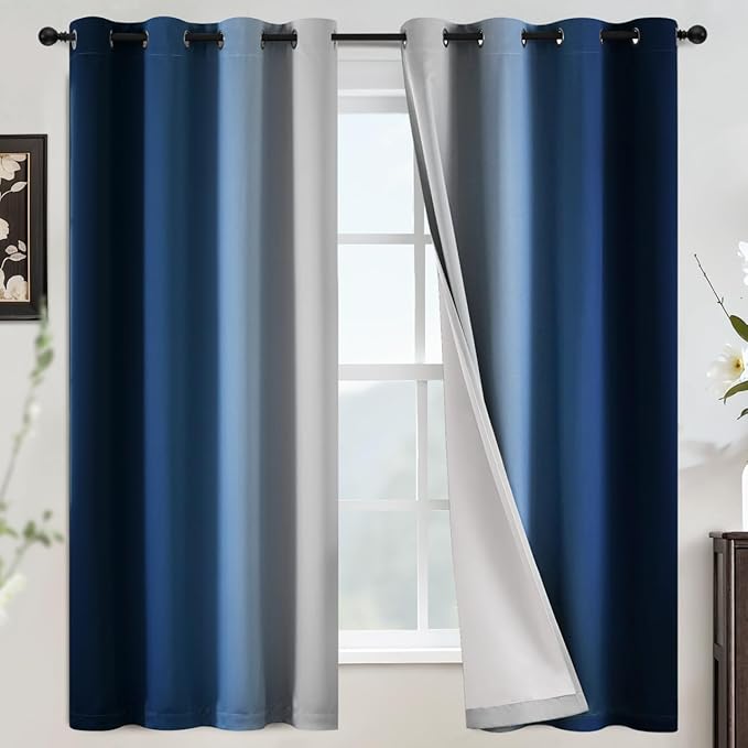 COSVIYA 100% Blackout Curtains for Bedroom with White Back, Double Layer Thermal Insulated Noise Reducing Grommet Window Curtains(52x63 Inch, Ombre Blue, 2 Panels)