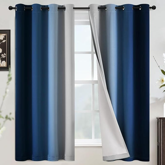 COSVIYA 100% Blackout Curtains for Bedroom with White Back, Double Layer Thermal Insulated Noise Reducing Grommet Window Curtains(52x63 Inch, Ombre Blue, 2 Panels)