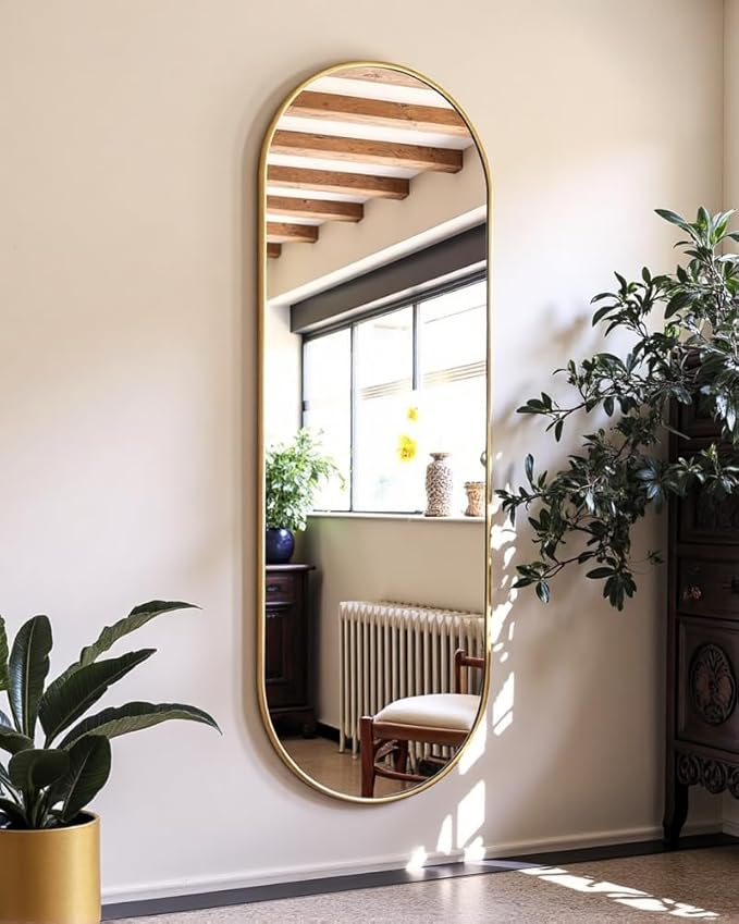 OGCAU 48'' x 16'' Full Length Mirror Wall-Mounted, Full Body Hanging Mirror for Wall and Door in Bedroom, Living Room, Oval with Straps, Hanging with Aluminum Alloy Frame (Oval Gold)
