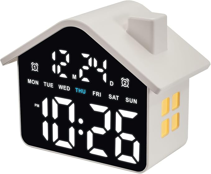Plumeet Digital Alarm Clock, Bedroom Clock with Large Numbers, Date, Week, Dual Alarms, Dimmer and Ambient Light, House-Shaped Electric Bedside Desk Clock, Adapter Batteries Powered, White - Image 8