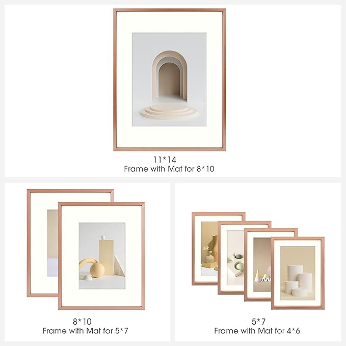 Frametory, Aluminum Picture Frames Set of 7 - Rose Gold Gallery Wall Kit - Displays One 11x14, Two 8x10, and Four 5x7 inch Photos for Home Decoration
