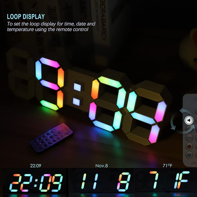 KOSUMOSU LED Wall Clock 15" RGB Digital LED Clock for Living Room Decor, Large Display Gaming Room Clocks, Dimming/12/24 Hr Time/Date/Temp/Remote (White Clock with Neon Light)