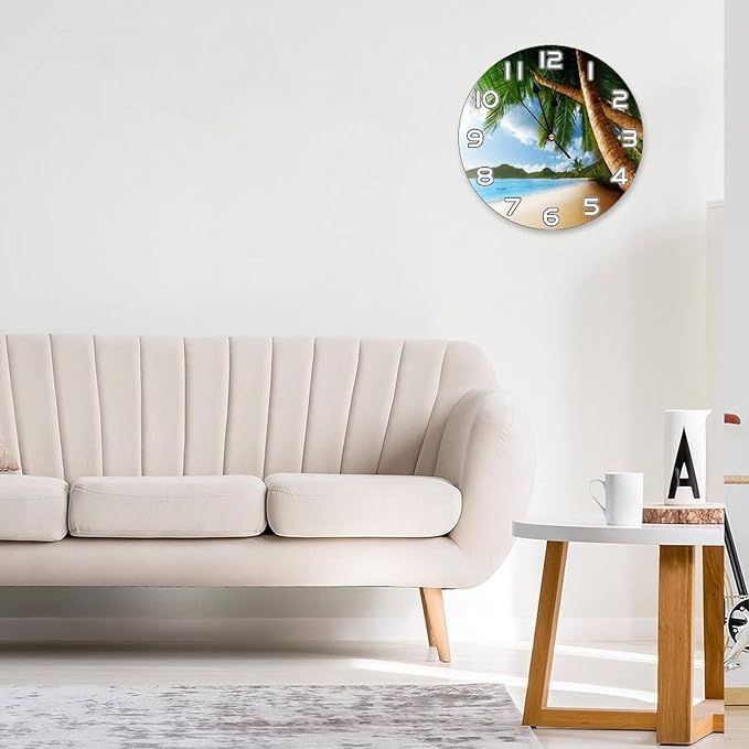 Sea Beach Palm Trees Wall Clock Battery Operated Silent Non Ticking Round Clock Tropical Theme Wall Decor for Home, Office, School 9.8 Inch
