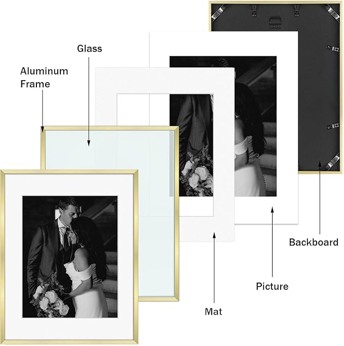 Frametory, Gold Aluminum Picture Frame with Removable Mat - Set of 7 Includes Four 5x7, Two 8x10, One 11x14 - Real Glass Front - Simple Gallery Wall Frames for Art Prints and Posters