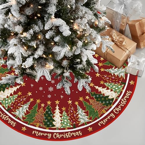 Merry Christmas Pine Stars Red Tree Skirt 48 Inches - Image 4