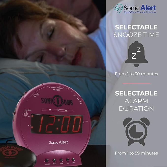 Sonic Alert Sonic Bomb Dual Alarm Clock with Bed Shaker, Pink Vibrating Alarm Clock for Heavy Sleepers, Battery Backup | Wake with a Shake - Image 6