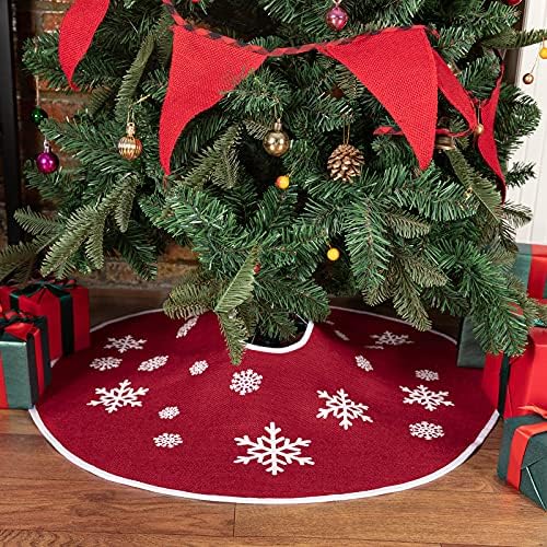 48 Inch Red Burlap Christmas Tree Skirt with White Snowflakes - Image 2