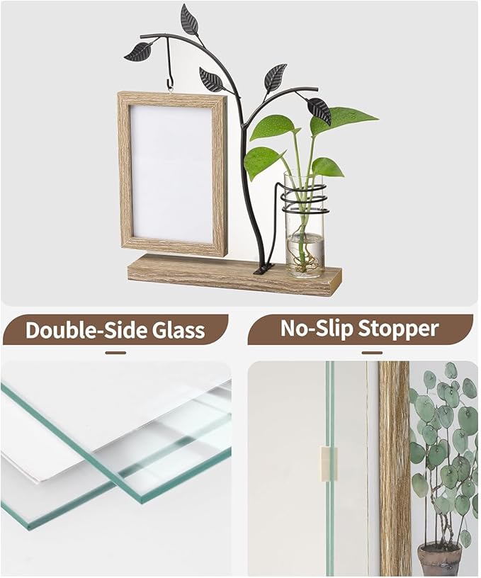 AKAZA 4x6 Picture Frames Family Desk Office Rustic Photo Frame, Water Plants Flowers Floating Double Glass Vase Tabletop Standing Home Decor, Wedding Grandma Mother Mom Gift (Dark Brown)