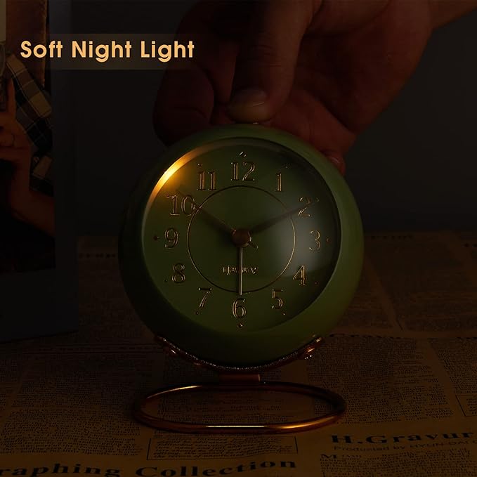 Metal Desk Clock, Retro Bedroom Table Vintage Analog Alarm Clock, Silent Non-Ticking Gold Clock, Bedside D??cor(Olive-Green)