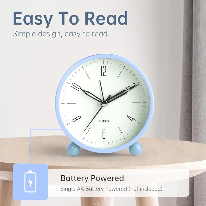 Analog Alarm Clock, 4 inch Super Silent Non Ticking Small Clock with Night Light, Battery Operated, Simple Design, Old fashioned Style SkyBlue decor, for Bedroom, Bedside, Desk, Adult, Kid, Gift, Blue