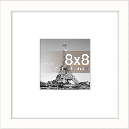 upsimples 8x8 Picture Frame, Display Pictures 4x4 with Mat or 8 x 8 Without, Wall Hanging Photo Frames, White, 1 Pack
