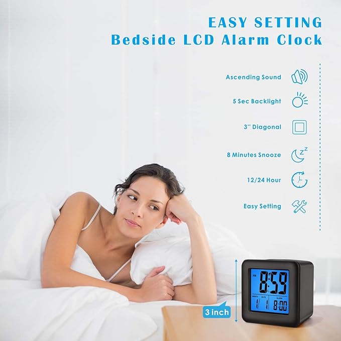 Plumeet Digital Alarm Clock Kids Alarm Clock with Snooze and Nightlight - Easy Setting Silicone Clock Display Time, Date - Loud Alarm Clock for Bedroom - Battery Powered (Black)