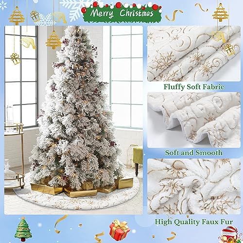 Dremisland Christmas Tree Skirt 48In White&Gold Tree Skirt with Snowflake - Image 4
