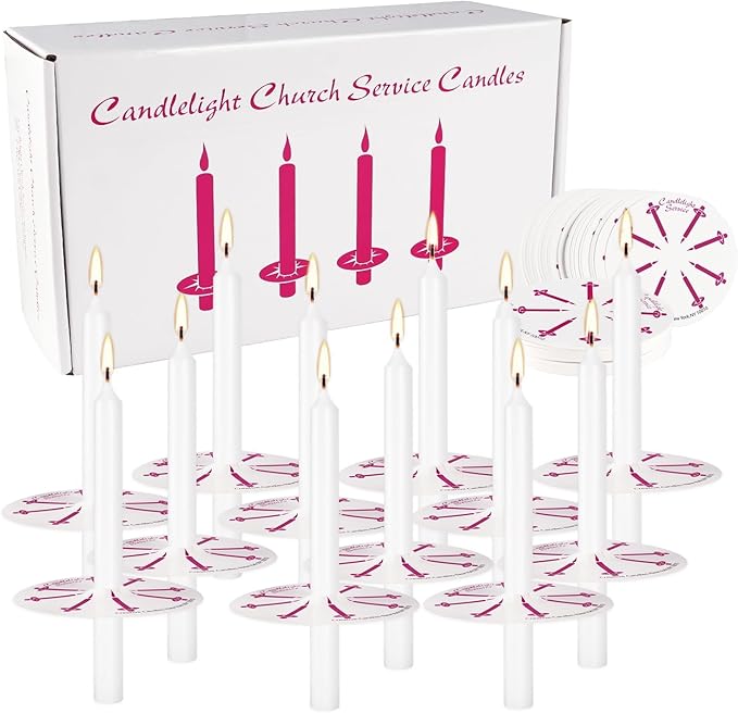 100-Pack White Unscented Taper Candles with Drip Protectors, 4.7" x 0.47" - Smokeless Pure Wax Prayer Candles for Church, Vigil, Memorial, Shabbat & Religious Services