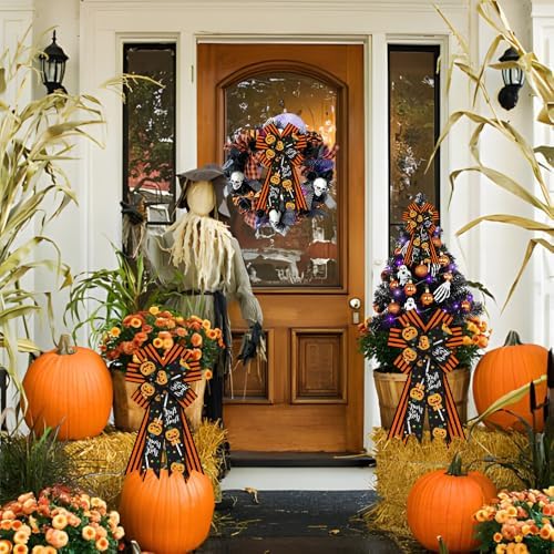 Large Halloween Pumpkin Tree Topper Bow, Orange Black Wreath Bow - Image 3