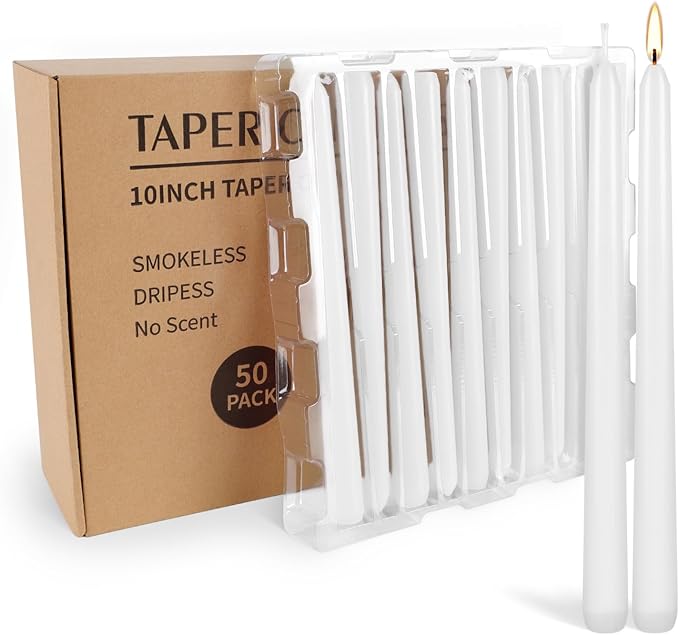 50 Pack White Taper Candles - 10 Inch Classic Unscented Dinner Candles, Dripless Pure White Paraffin Wax with Cotton Wicks, 8-Hour Burn Time for Wedding, Christmas & Formal Dining Decor