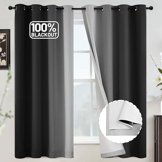 COSVIYA 100% Blackout Black Ombre Curtains for Bedroom with White Back, 2 Thick Layers Thermal Insulated Room Darkening Grommet Window Drapes, 52x63 Inch, 2 Panels