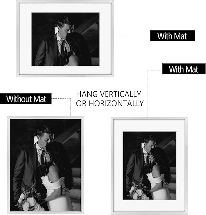Frametory, Silver Aluminum Picture Frame with Removable Mat - Set of 7 Includes Four 5x7, Two 8x10, One 11x14 - Real Glass Front - Simple Gallery Wall Frames for Art Prints and Posters
