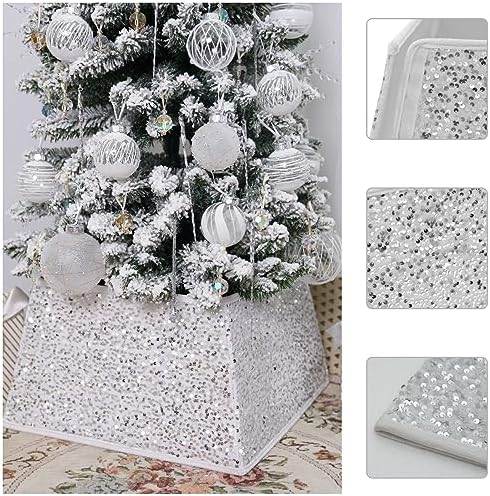 White Christmas Tree Collars for Atificial Trees, 24 Inch Sparkling Sequins Christmas Skirt, Base Cover,Holiday Home Decor Ring(Medium) - Image 4