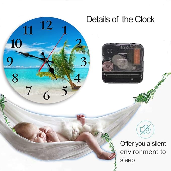 Britimes Round Wall Clock Silent Non-Ticking Battery Operated Clock 10 Inch, Turquoise Ocean Blue Beach Sand Home Decor for Living Room, Bathroom, Bedroom, Kitchen, Office and School