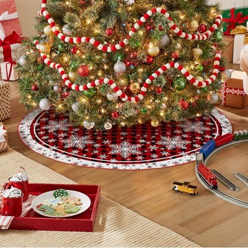 AVOIN colorlife Buffalo Plaid Snowflake Christmas Tree Skirt 48 Inch, Winter Holiday Tree Mat Decoration - Image 3