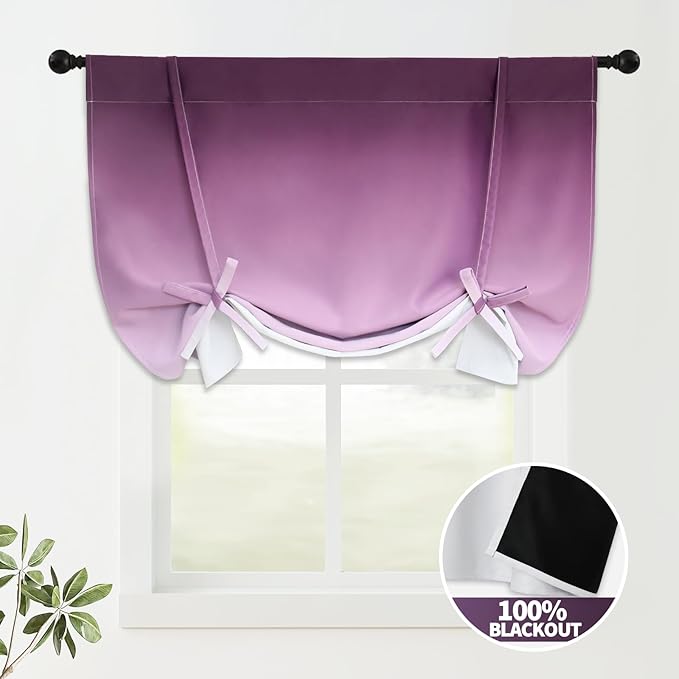 COSVIYA 100% Blackout Ombre Purple Adjustable Tie Up Curtains for Kitchen Thermal Insulated Room Darkening Valance Rod Pocket Balloon Roman Shade for Small Window,48" L x 42" W, 1 Panel