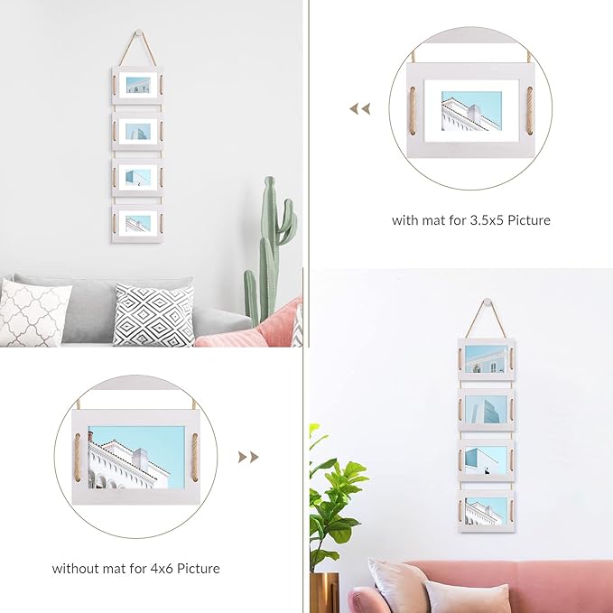 DLQuarts 4x6 Hanging Collage Picture Frames Wall Decor, 4-Opening 4x6 Photo without Mat Rustic Wood Frame with Hemp Rope, 1 Pack, Vintage White