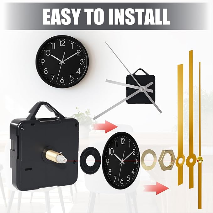 Silent Quartz Clock Mechanism Kit, High Torque Long Shaft Replacement Clock Movement for DIY Wall Clocks, Includes Clocks Hands and Quartz Movement Parts for Home and Office, Gold