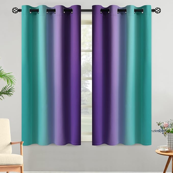 Yakamok Teal and Purple Blackout Curtains, Ombre Full Room Darkening Window Curtains for Living Room,Grommet Thermal Insulated Drapes,Light Blocking Curtains for Girls Bedroom,52x54 Inch, 2 Panels