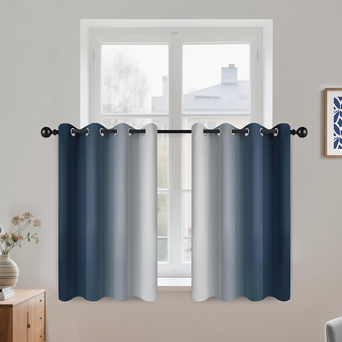 COSVIYA Curtains & Drapes Ombre Navy Blue Curtains 36 inch Long 2 Panels Set, Grommet Room Darkening Light Blocking Insulated Thermal Gradient Window Panels for Bedroom/Living Room,52x36 inches