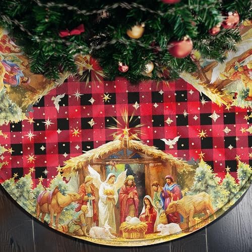 Double Sided Buffalo Plaid Nativity Christmas Tree Skirt, 36 Inch Red Tree Skirt, Jesus Nativity Holy Night Soft Farmhouse Holiday Xmas Trees Decoration, Nativity Christmas Blue Tree Skirt by HEIFAM