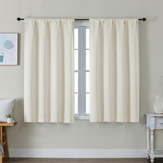 Simplebrand Ava Light Beige Short Light Filtering Curtains for Bedroom 45 Inches Long 2 Panels Set, Solid Thermal Insulated, Energy Saving Window Treatment Curtains Light Filtering, W40 x L45 Inch