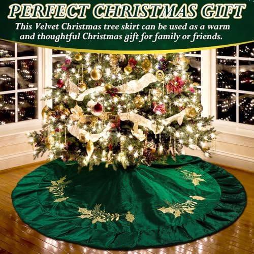 48 inches Velvet Christmas Tree Skirt Red Wine Gold Fur Plush Tree Skirt Luxury Xmas Skirts for Merry Christmas Party Vintage Holiday Decorations(Green with Gold Embroidered Holly) - Image 6