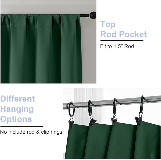 Simplebrand Ever Green Blackout Curtains for Bedroom 102 Inches Long 2 Panels, Solid Thermal Insulated, Energy Saving Living Room Window Treatment Curtains Blackout Drapes, W50 x L102 Inch, Ever Green