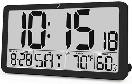 TXL Large Display Digital Wall Clock, Battery Operated with Temperature & Humidity, Auto DST, Date & Weekday, Easy Set Alarm, for Living Room, Bedroom, Office & Classroom (Black)