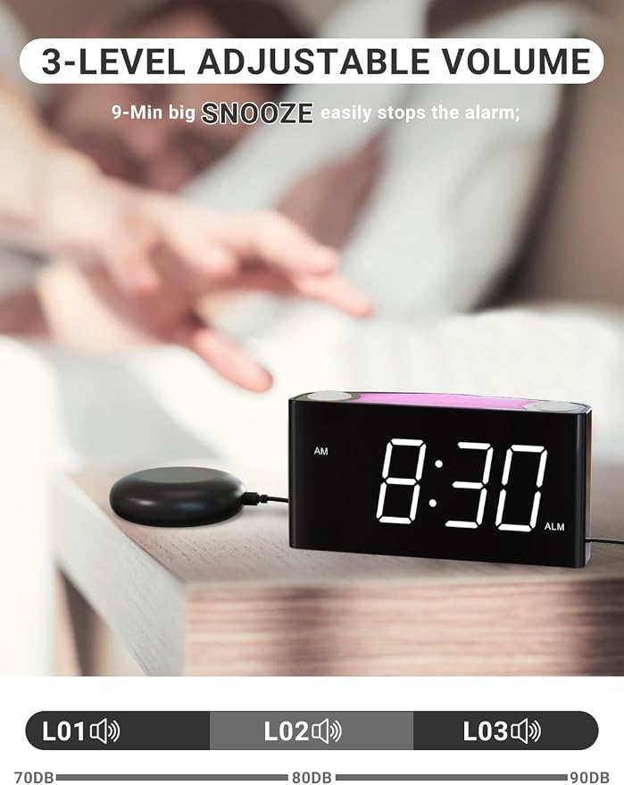 Vibrating Alarm Clock for Heavy Sleepers – Loud Alarm with Bed Shaker, 3 Wake Modes, Large 7.5” Display, 5-Level Dimmer, USB & Type-C Charging, Plug-in with Battery Backup for Bedroom, Teens & Deaf - Image 7