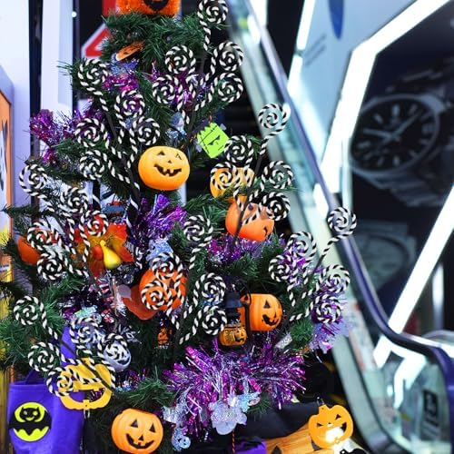 6 Pcs Christmas Tree Picks Decor Halloween Worm 16'' Black White Christmas Ornament Tree Topper Lollipop Stick Candy Cane Plush Decor Woolen Bells Curly Pick Branch for Vase Wreath Home DIY Craft - Image 4