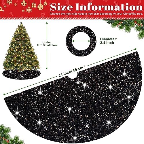 FOTSHARER Christmas Tree Skirt Black 21 Inch Mermaid Sequin Tree Skirt Velvet Halloween Tree Skirts Glitter Tree Cover Skirt for Tabletop Trees Xmas Tree Skirt Mat for Christmas Winter Holiday Decor - Image 3