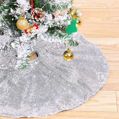 Small Christmas Tree Skirt 24 Inch Silver Tree Skirt Sequin Tree Skirt for Silver Christmas Decorations by QueenDream