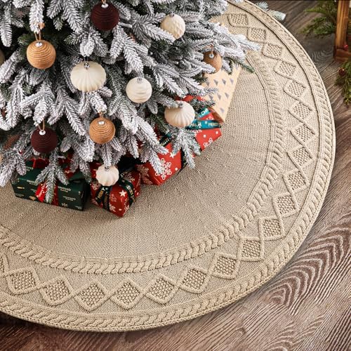 YUJUN 48 in Beige Christmas Knitted Tree Skirt for Xmas Home Decoration by YUJUN