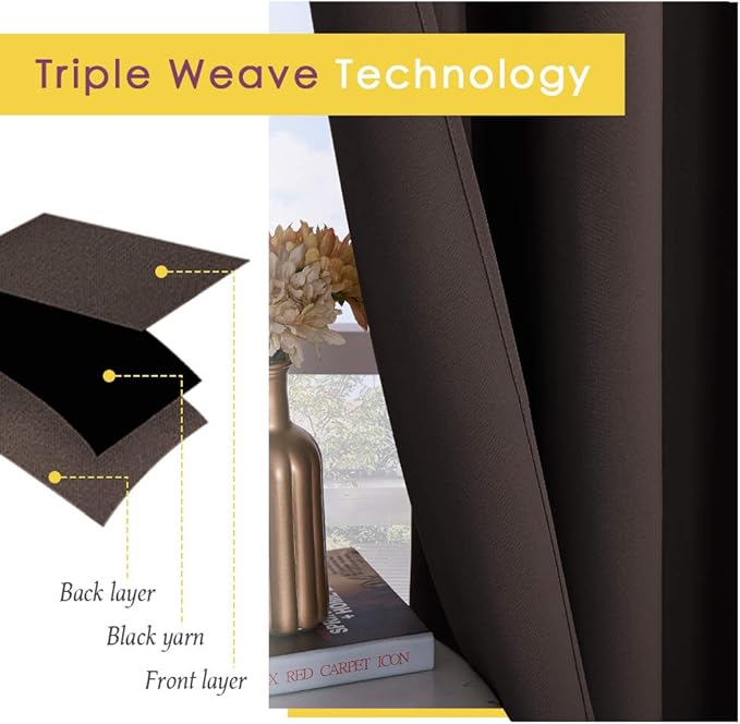 NICETOWN Blackout Curtain Panels for Bedroom Window, Triple Weave Microfiber Energy Saving Thermal Insulated Solid Grommet Blackout Draperies and Drapes (1 Pair, 34 inches by 63 Inch, Toffee Brown)