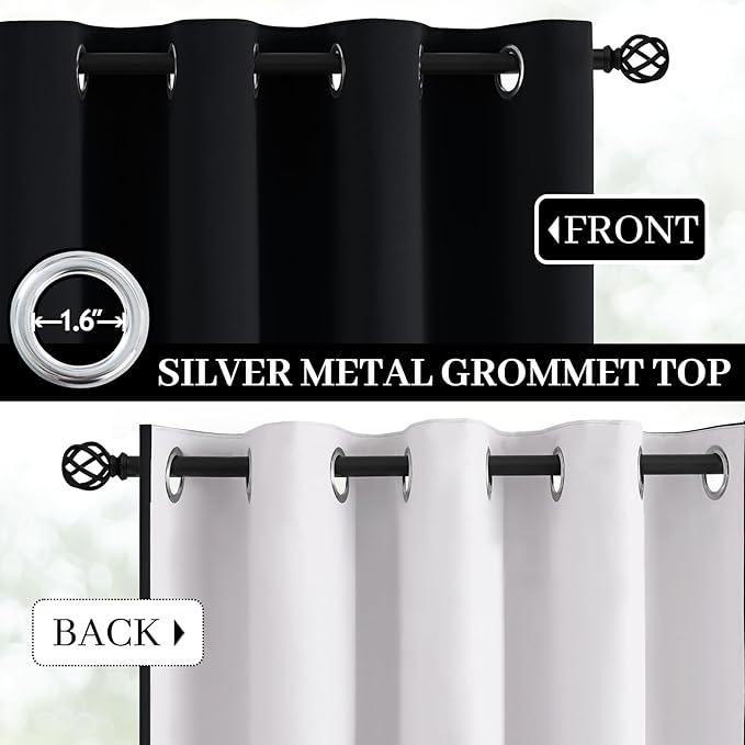 Yakamok 100% Blackout Curtains Black Room Darkening Thermal Insulated Window Curtain with 2 Thick Layers-Set of 2 Panels Grommet Top Drapes for Bedroom Living Room 52 Inches by 96 Inches Length
